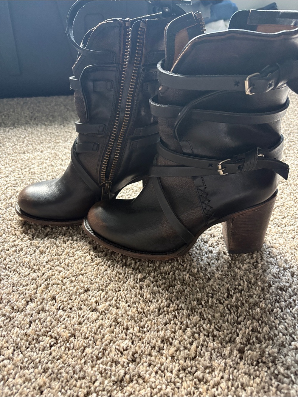 freebird Baker Black Leather Strappy Mid-Heel Ankle Boots